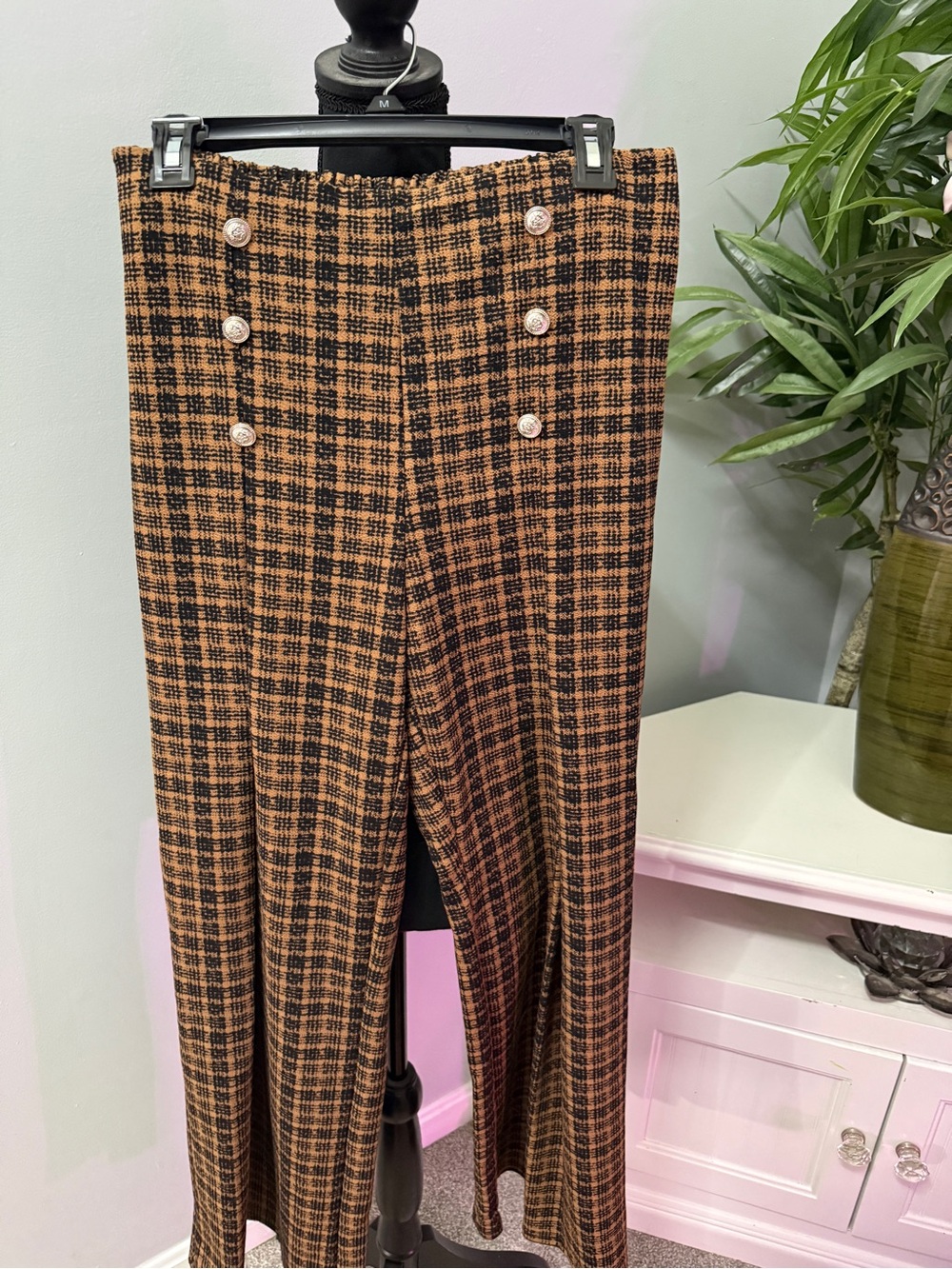 Plaid High-Waist Wide Leg Pants - Brown/Black